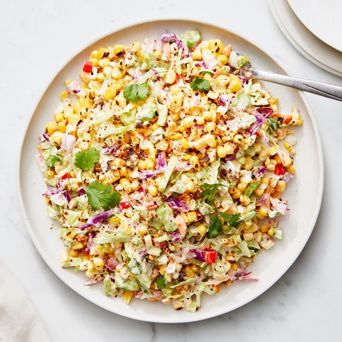 Bright Mexican Corn Coleslaw chilled, garnished with cilantro, perfect alongside tacos.