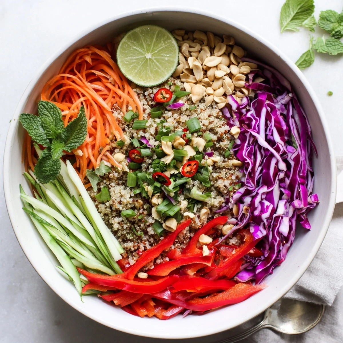 Thai Quinoa Crunch Salad with vibrant cabbage, carrots, and zesty peanut-lime dressing