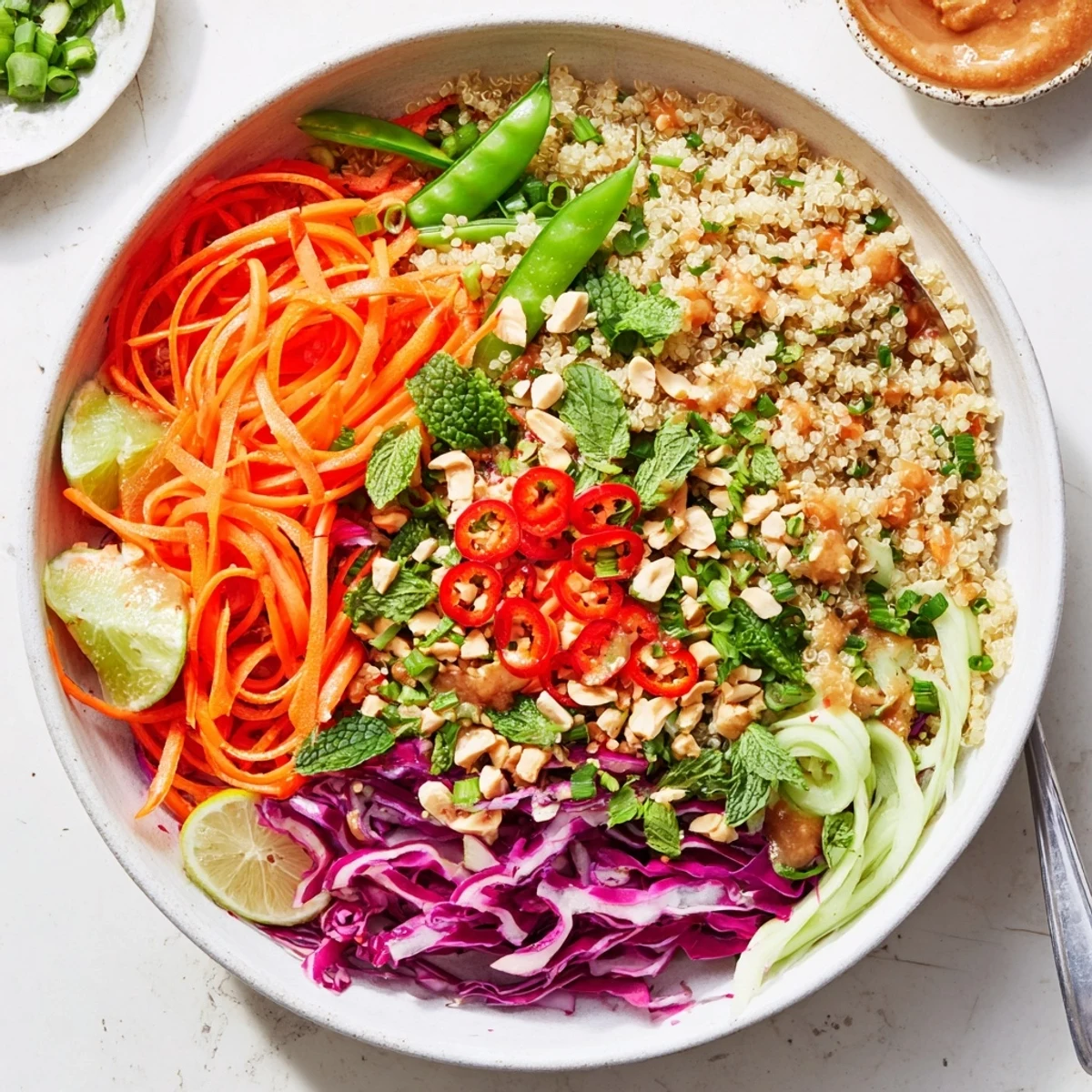 Bright Thai Quinoa Crunch Salad served chilled, aromatic herbs, snap peas, crunchy bites