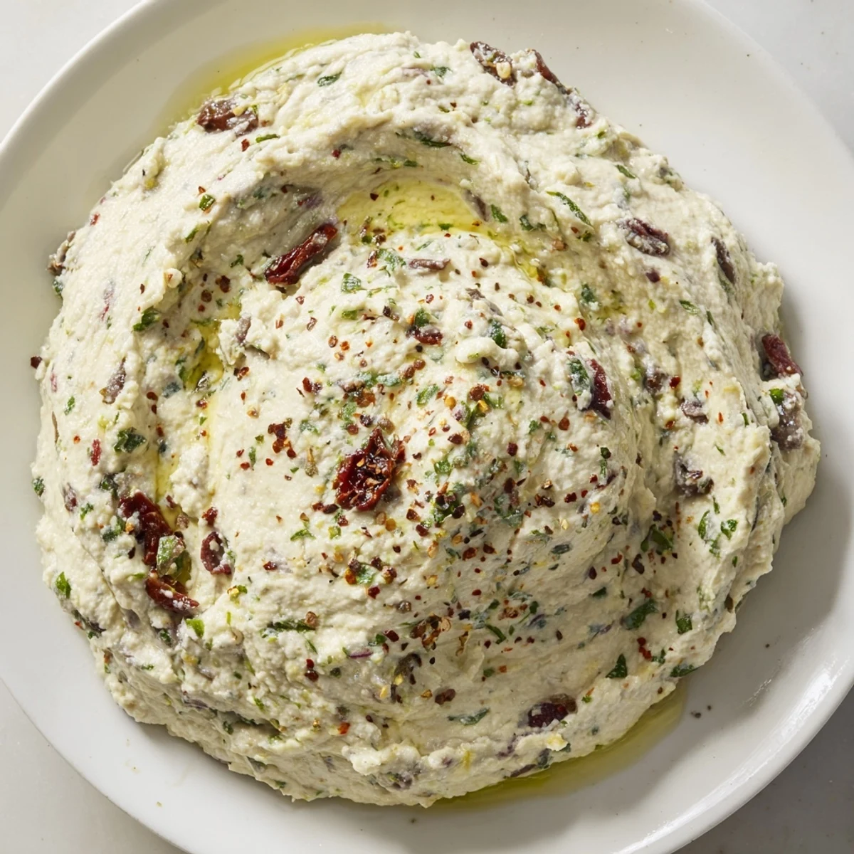 Creamy Italian Style Olive and Cheese Spread served in a rustic bowl with toasted crostini