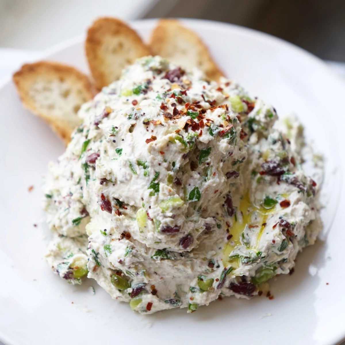 A dollop of Italian Style Olive and Cheese Spread garnished with fresh basil leaves