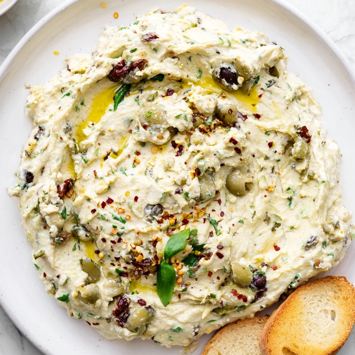 Italian Style Olive and Cheese Spread topped with sun-dried tomatoes alongside crispy crackers
