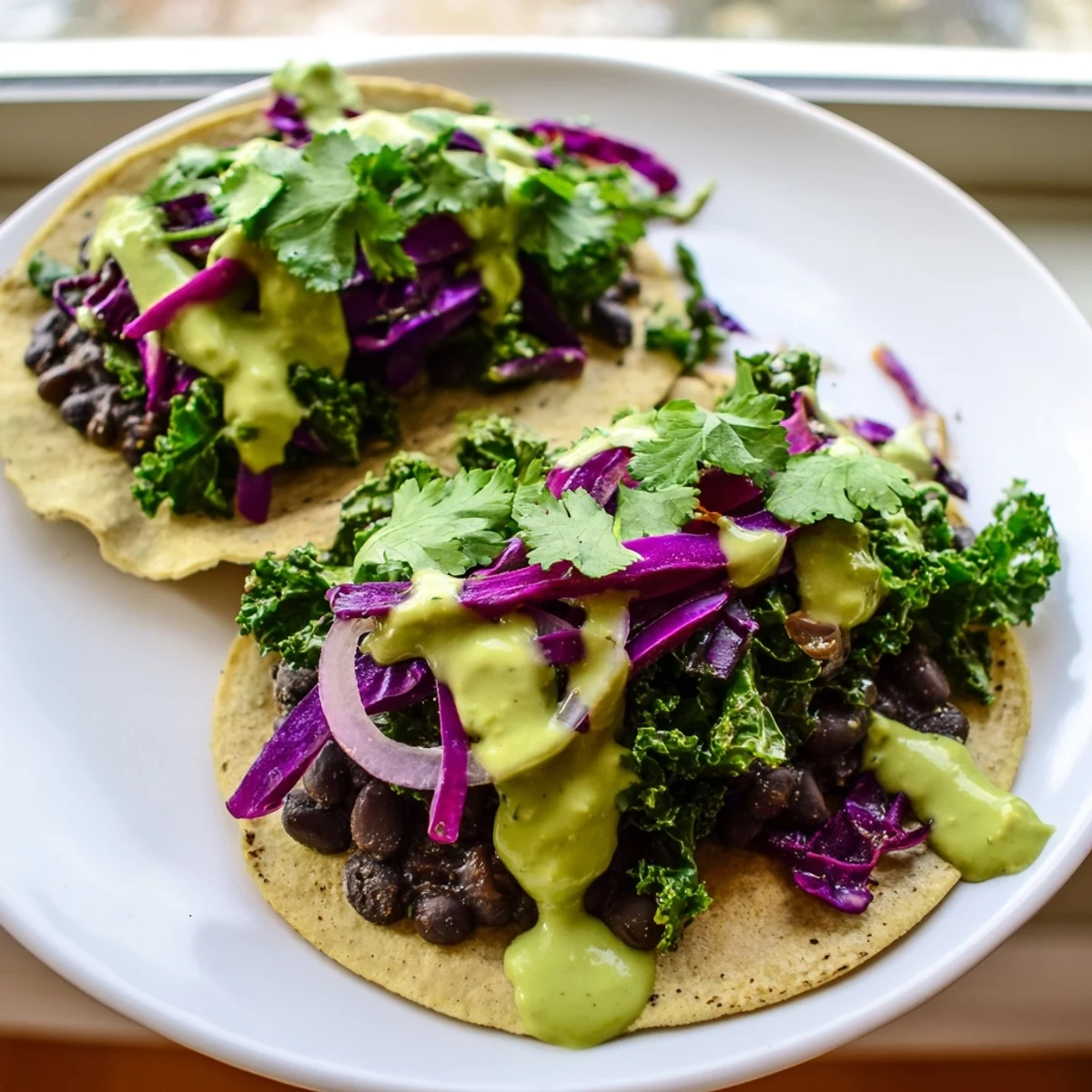 Smoky black bean kale tacos drizzled with vibrant creamy green sauce on rustic tortillas