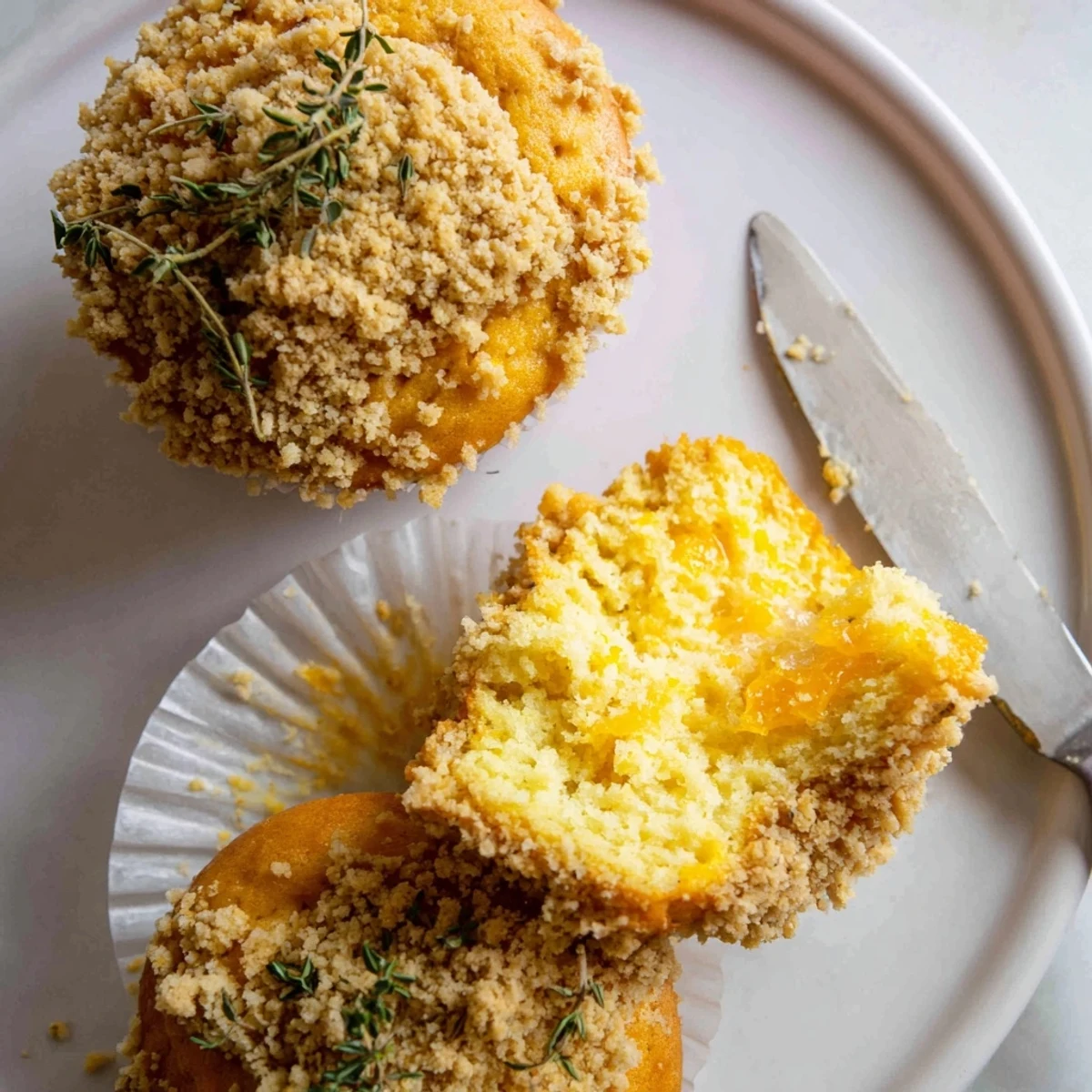 Golden Lemon Orange Honey Muffins topped with a fragrant thyme crumble on a rustic plate