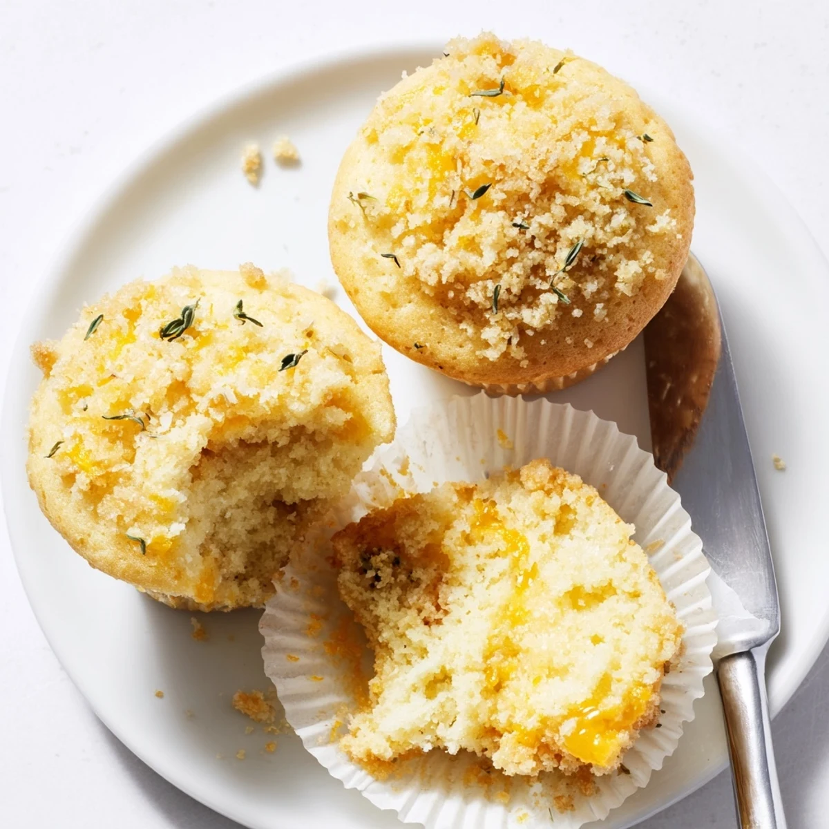 Moist Lemon Orange Honey Muffins with golden thyme streusel cooling on a wire rack