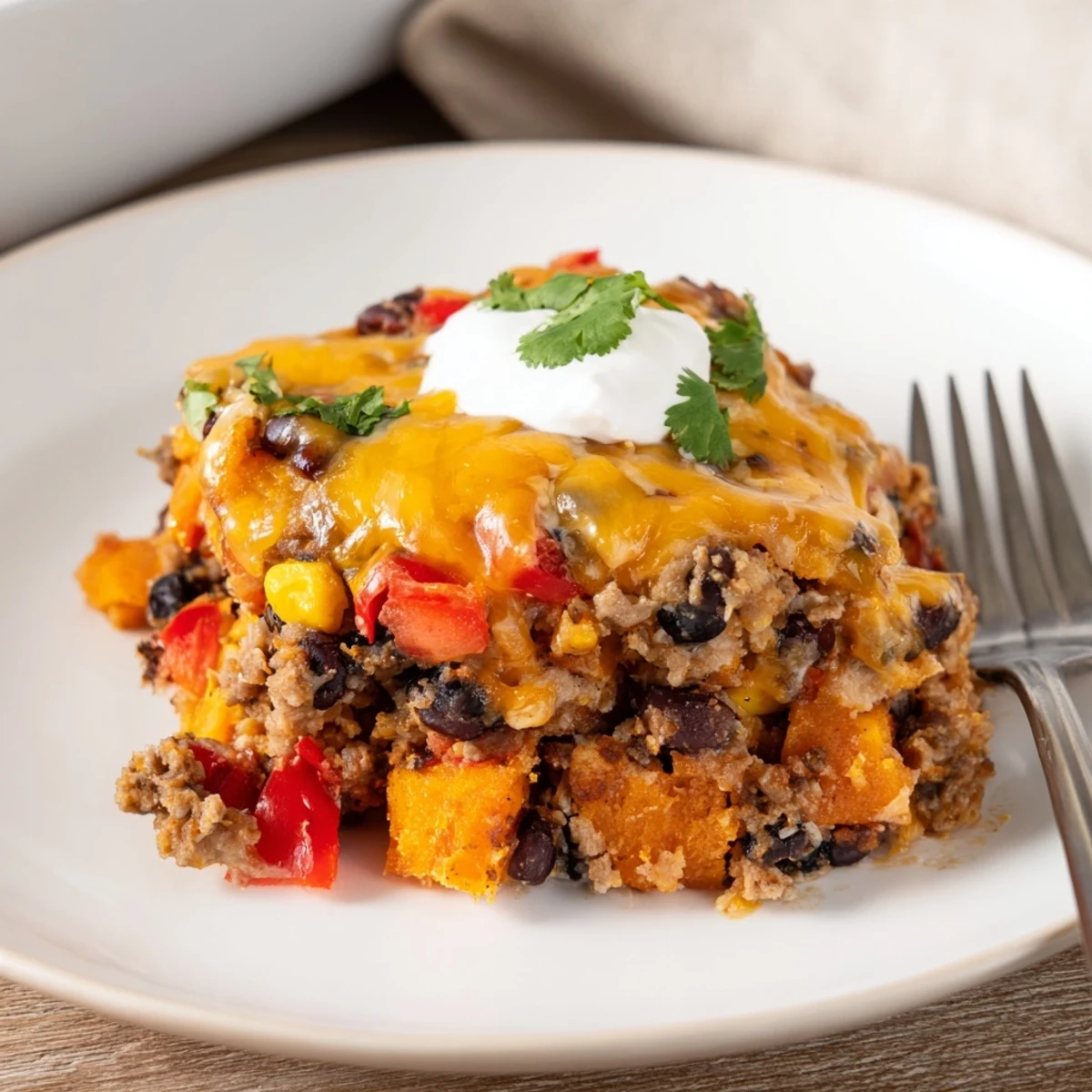 Golden bubbly sweet potato turkey black bean bake fresh from the oven with melted cheese