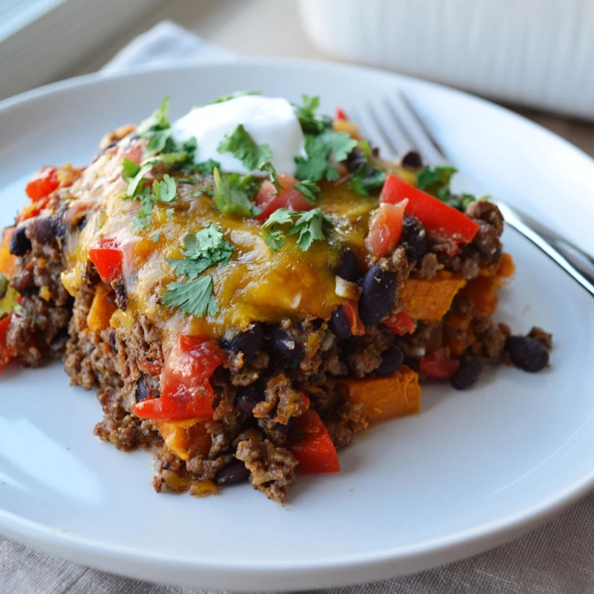 Hearty sweet potato turkey black bean bake scooped into a warm casserole dish with cilantro garnish