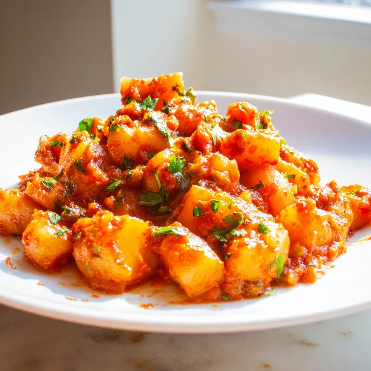 Golden papas con chile topped with fresh cilantro in a cast iron skillet