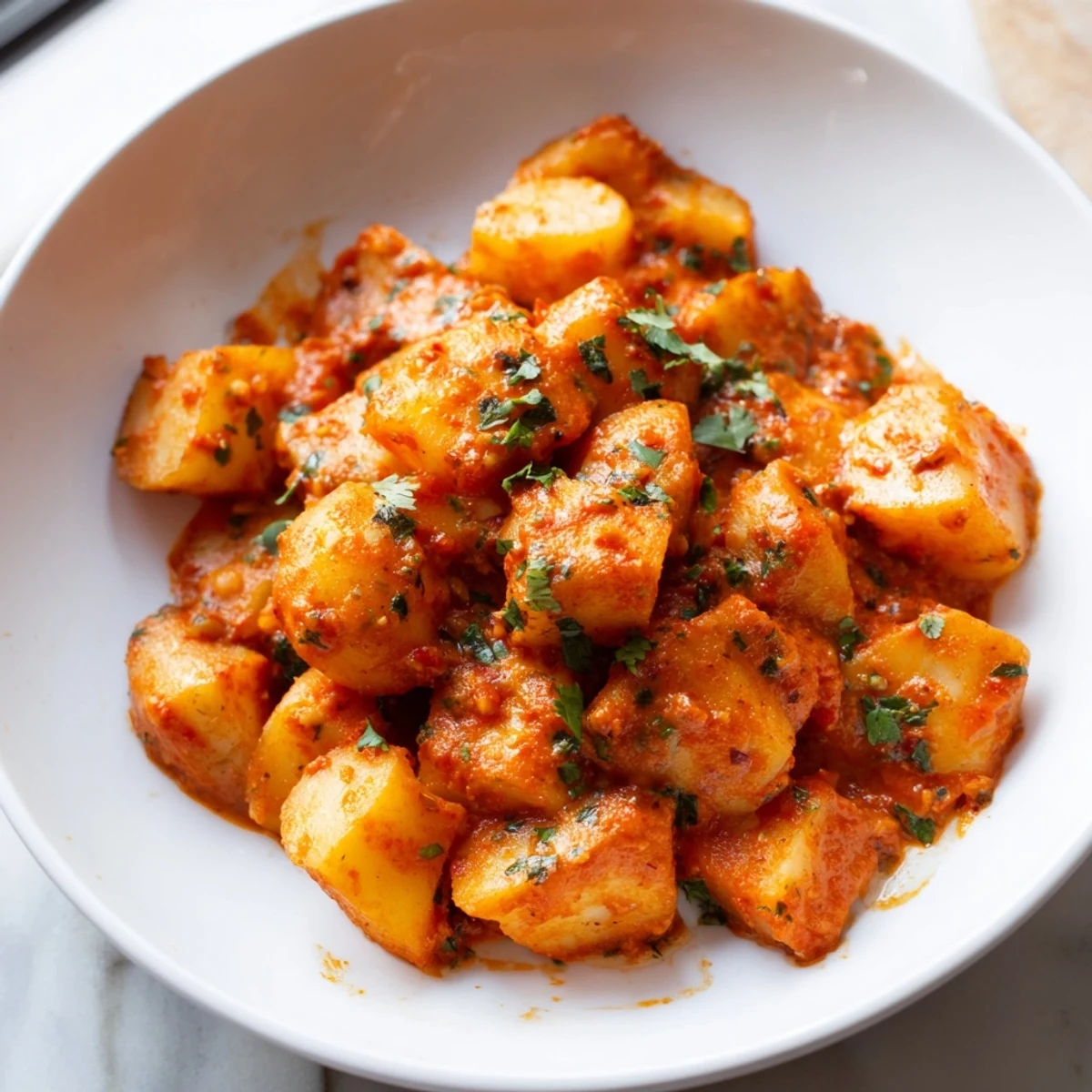Tender potatoes simmered in a spicy red chile sauce served steaming hot