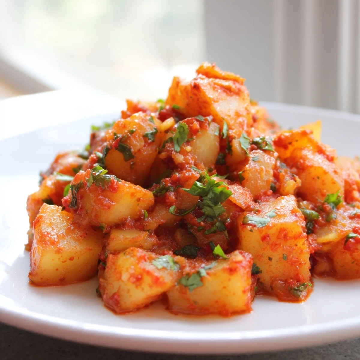 Hearty papas con chile garnished with chopped cilantro on a rustic plate