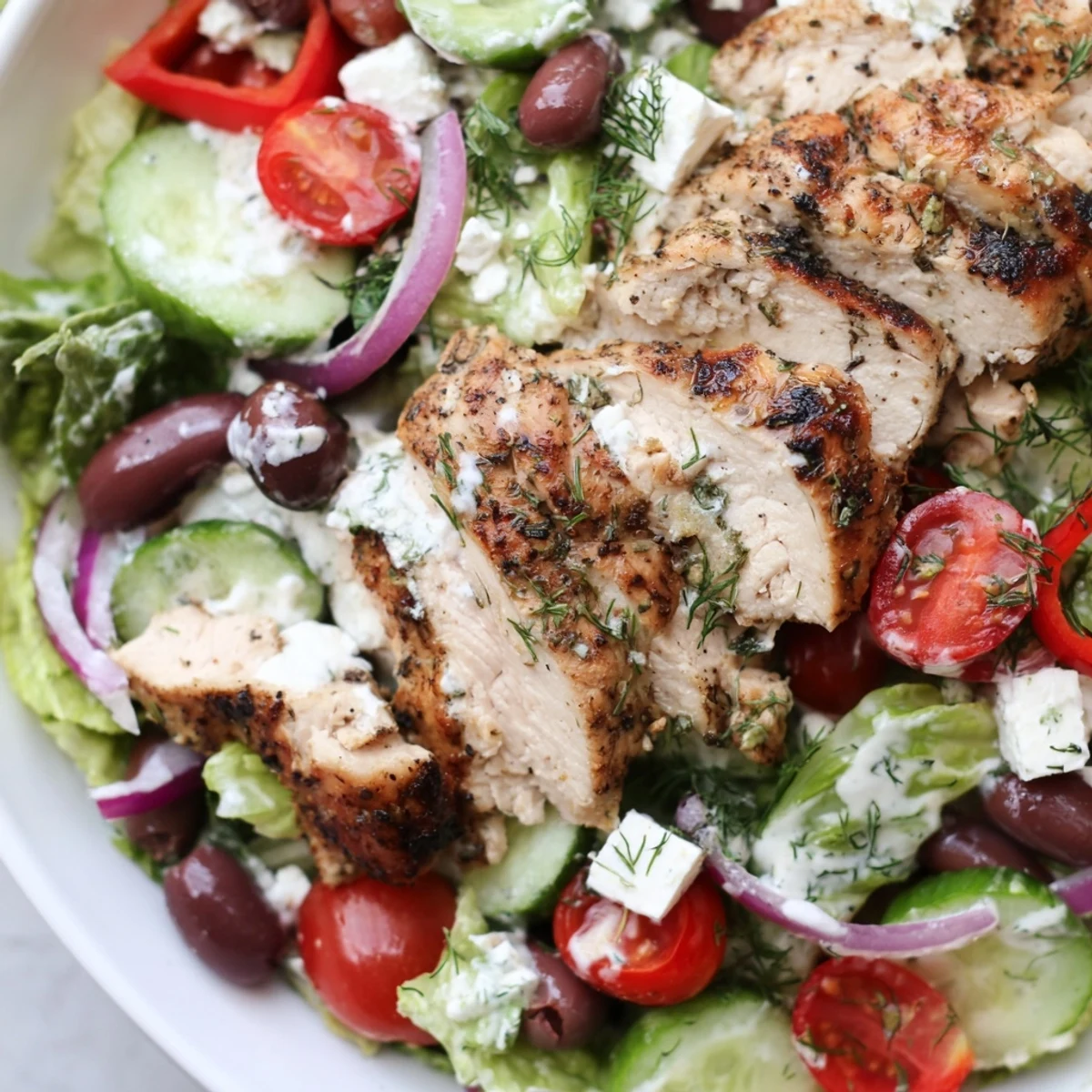 Juicy grilled Greek Chicken Salad drizzled with creamy whipped feta dressing on rustic dish
