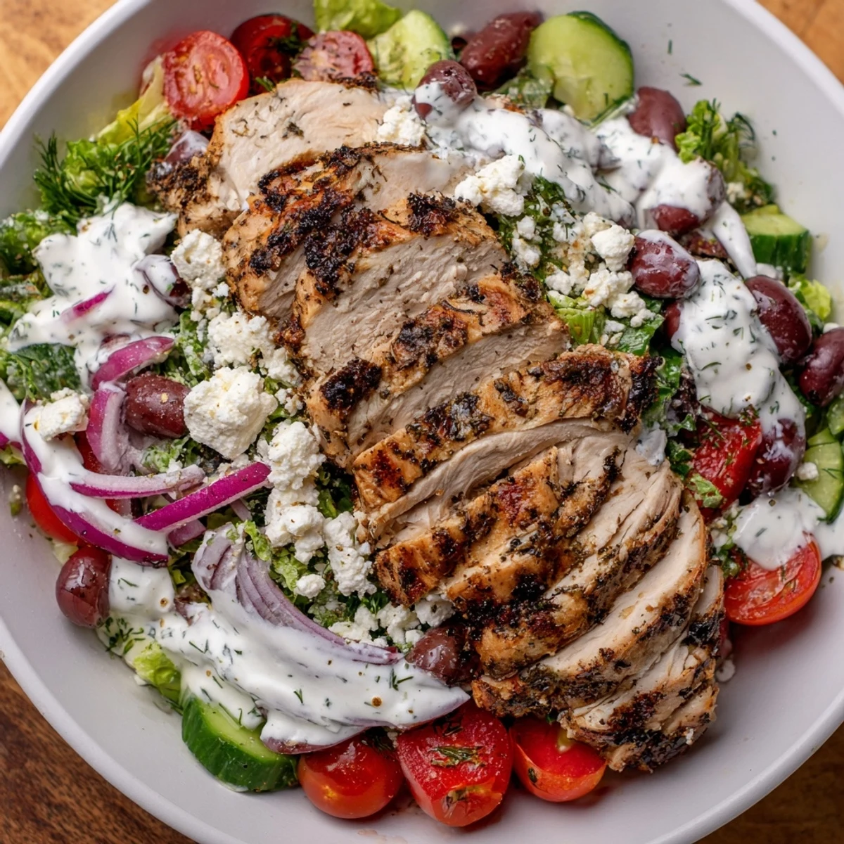 Colorful Mediterranean Greek Chicken Salad topped with crisp veggies and fluffy feta dressing