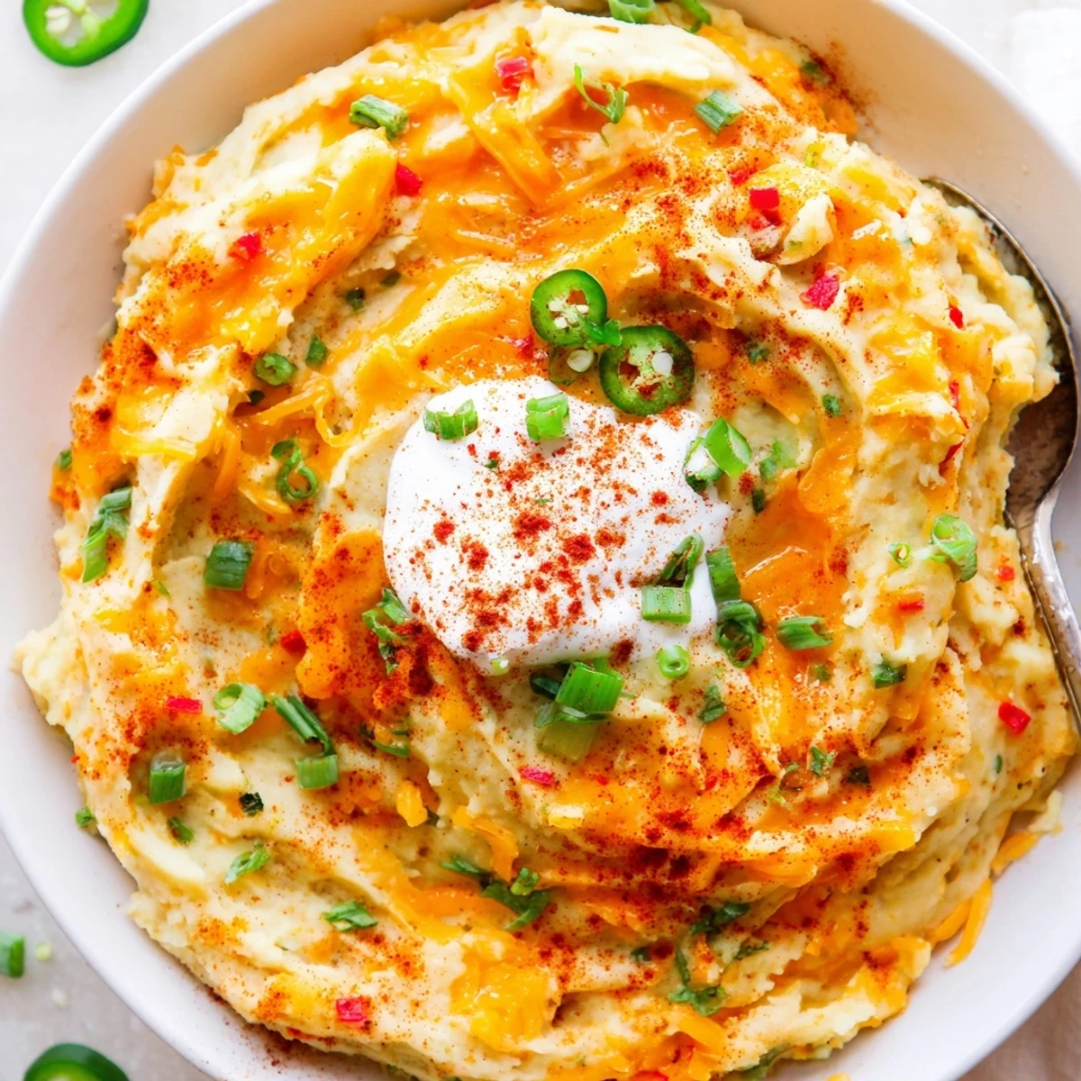 Creamy Tex Mex Mashed Potatoes topped with cilantro and melted cheddar cheese