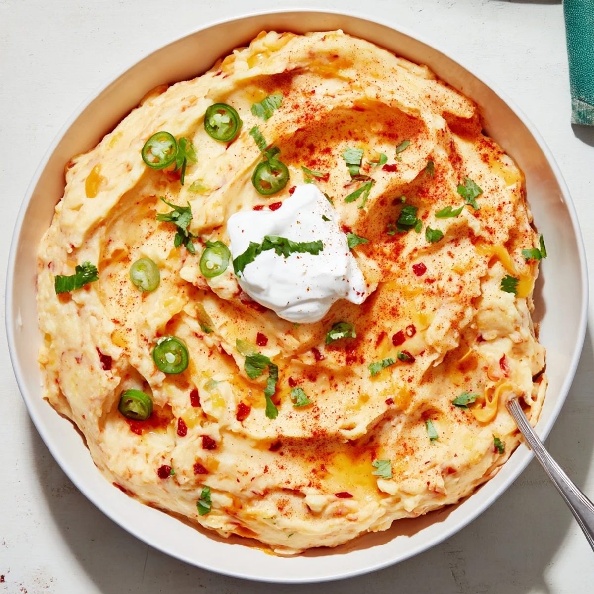 Spicy Tex Mex Mashed Potatoes in a rustic bowl with jalapeño and green onions