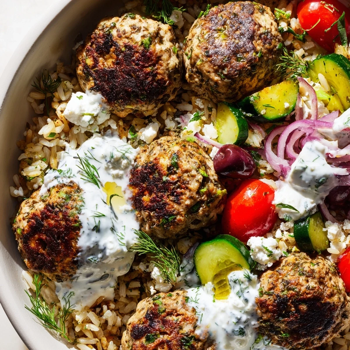 Golden za'atar-crusted turkey meatballs nestled over herbed rice with vibrant Mediterranean toppings and creamy yogurt drizzle