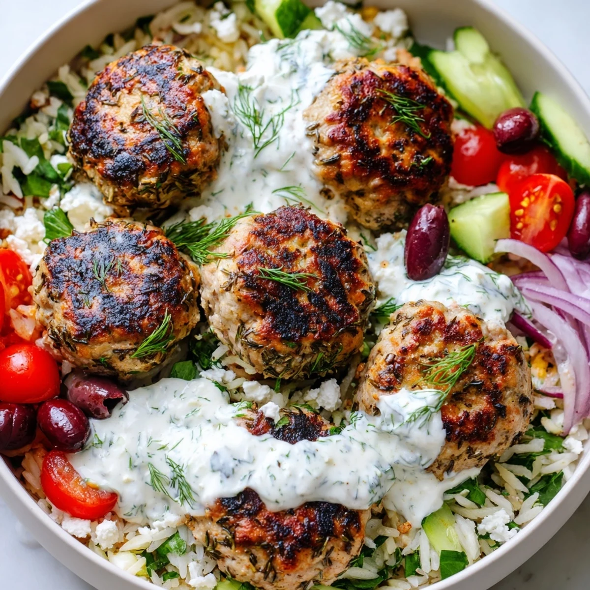 Steaming Mediterranean za'atar turkey meatball bowls loaded with crisp cucumbers, tomatoes, olives, and tangy feta