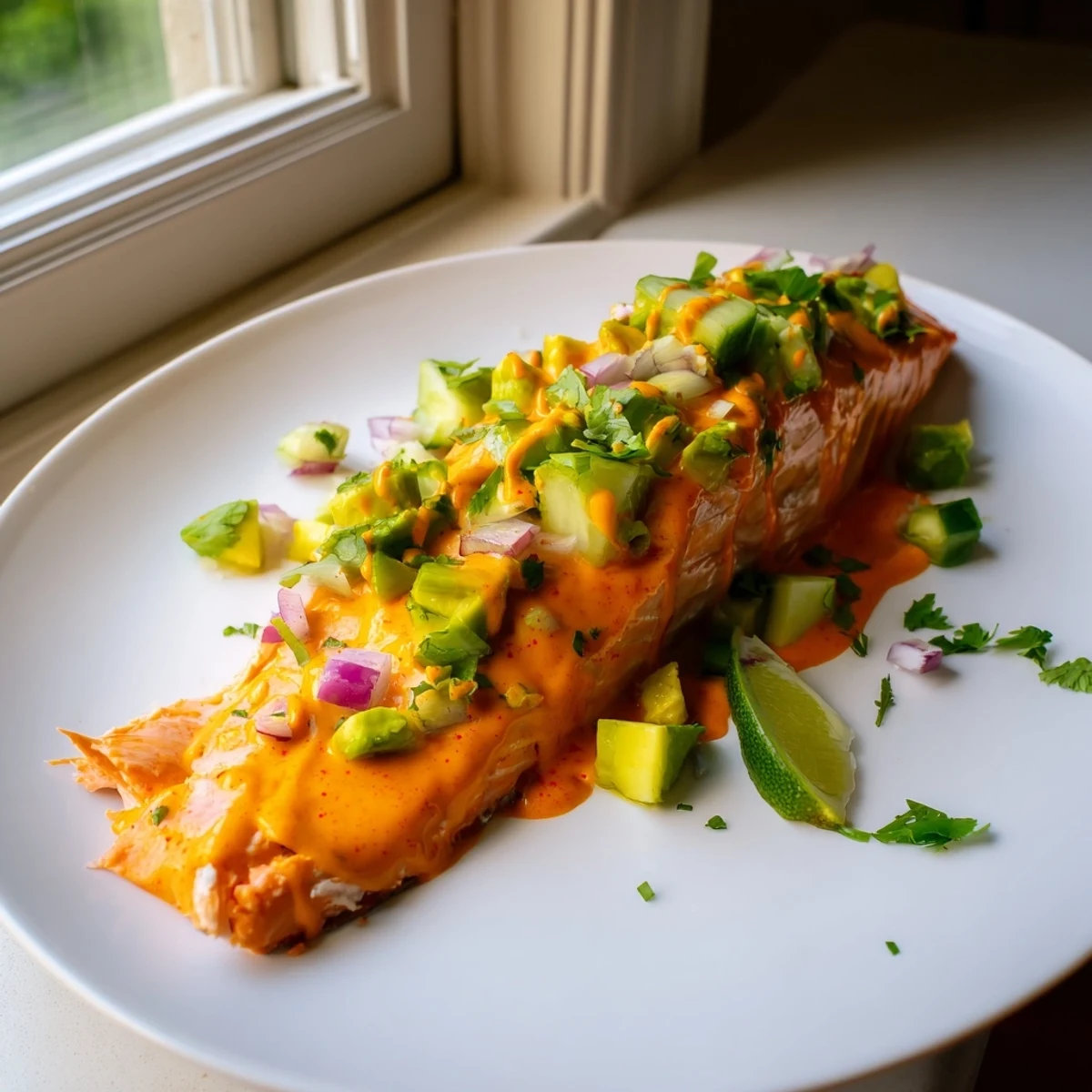 Juicy baked bang bang salmon topped with creamy spicy sauce and cool avocado cucumber salsa