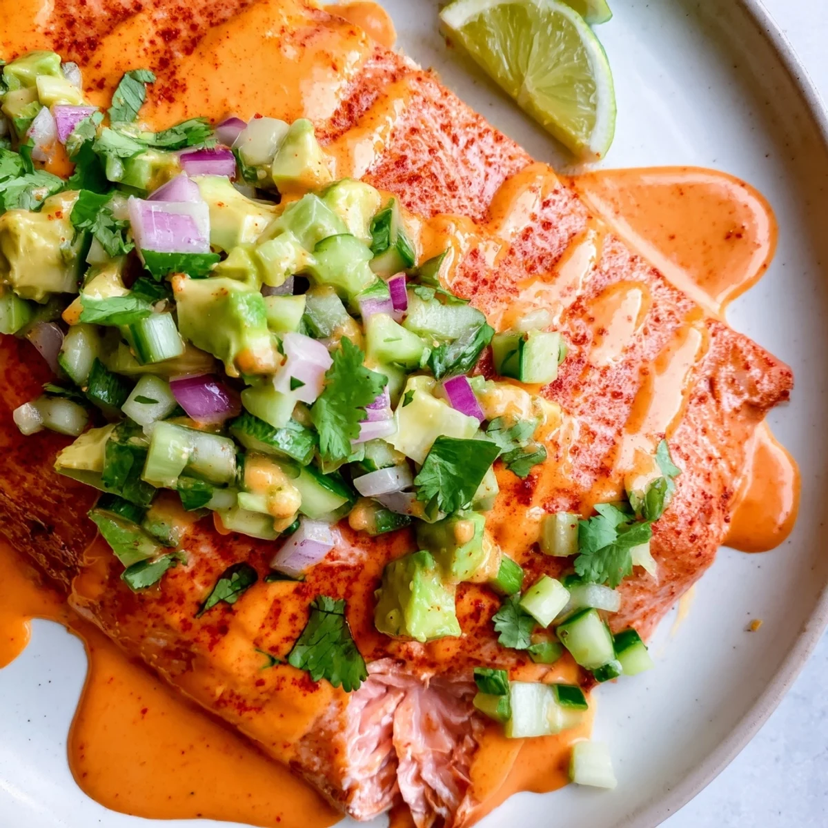 Crispy edged bang bang salmon drizzled with sweet chili sauce beside vibrant green avocado cucumber salsa