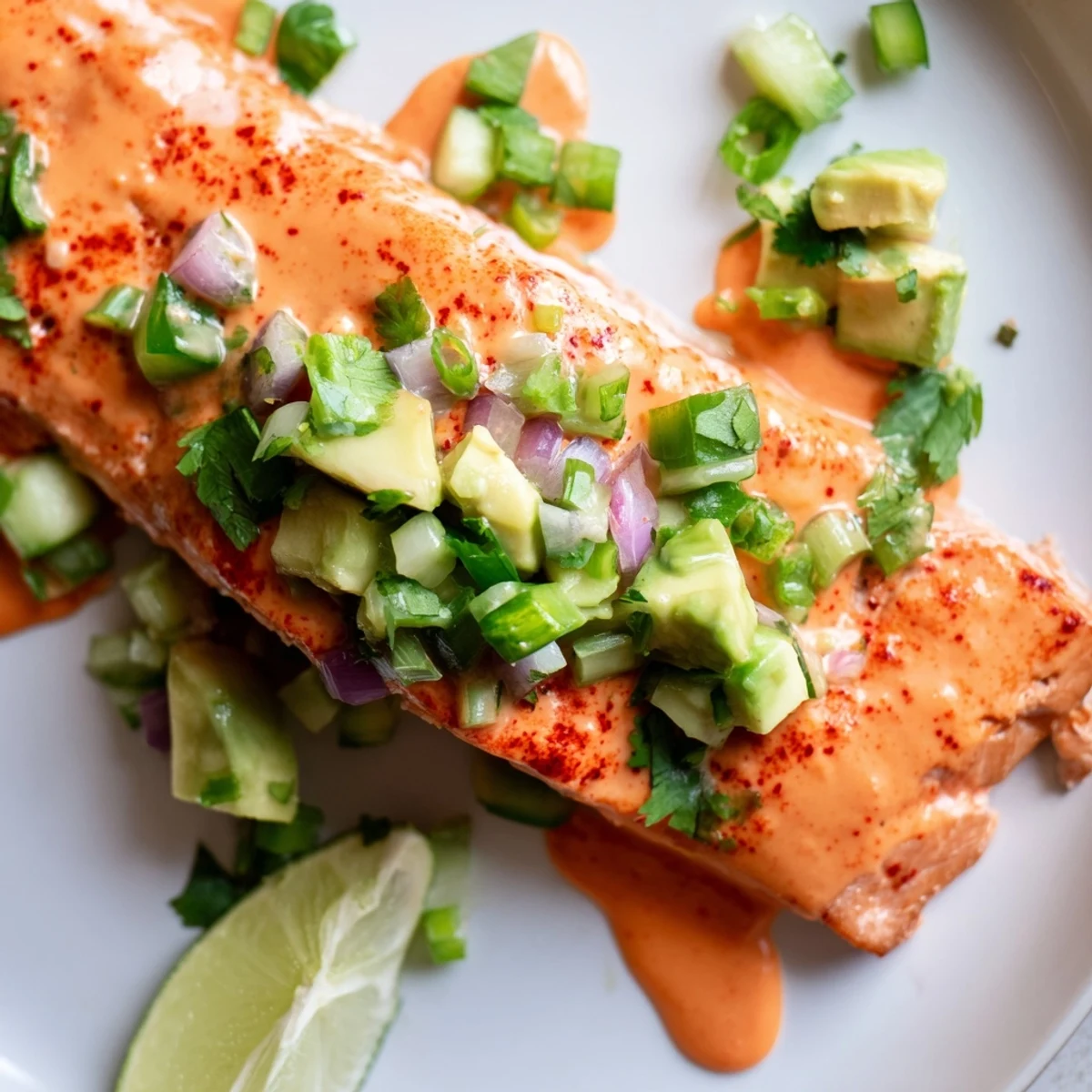 Golden bang bang salmon fillet resting on a white plate with fresh avocado cucumber salsa and lime wedges