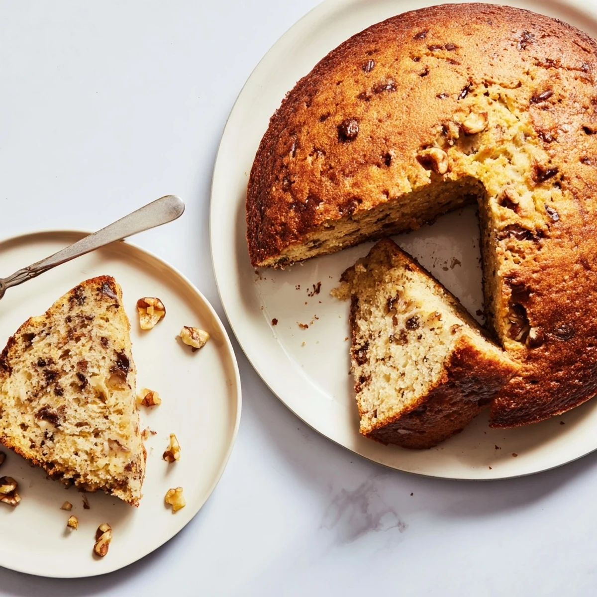 A golden banana cake slice topped with creamy frosting on a rustic plate
