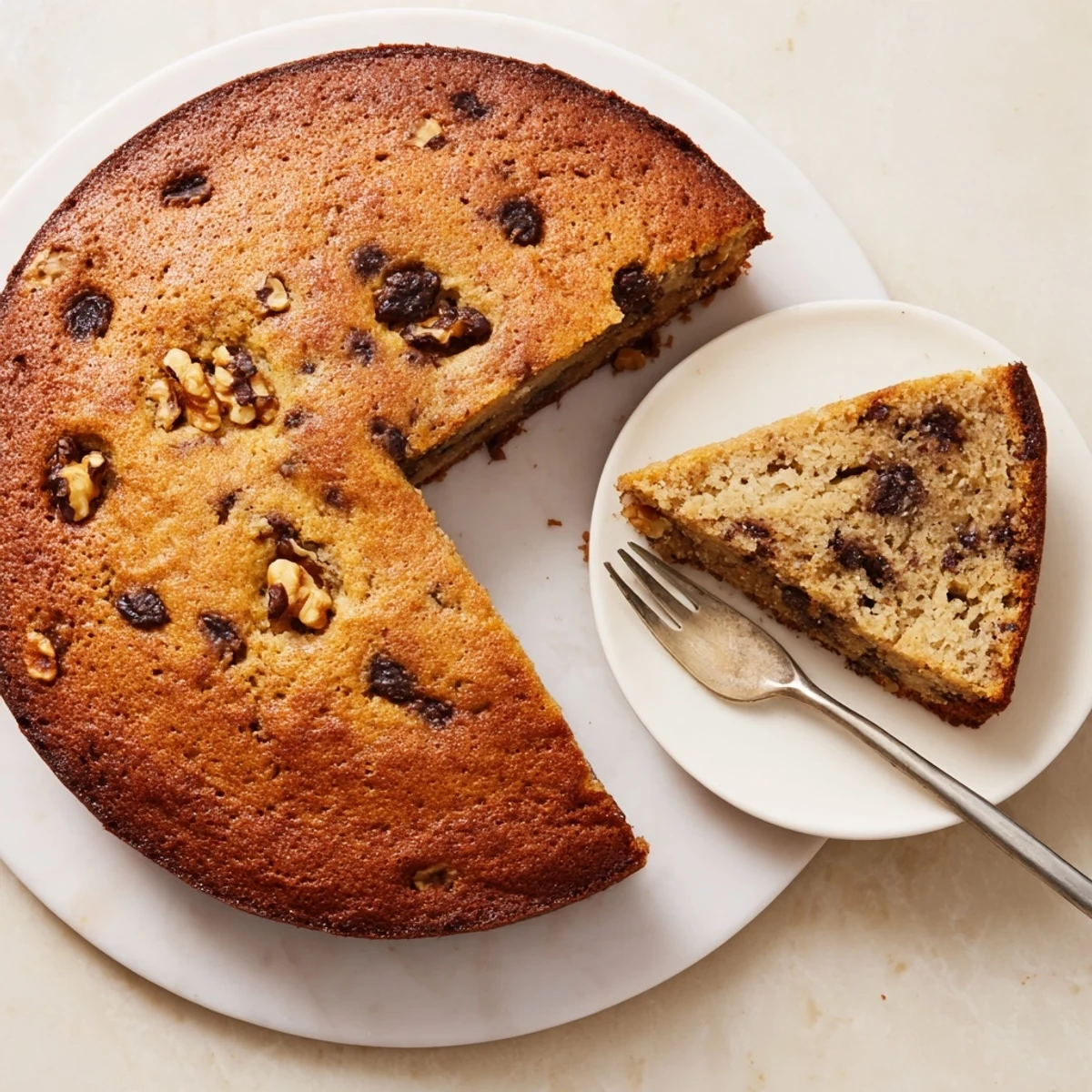 Moist banana cake cooling on a wire rack with a crumbly golden crust