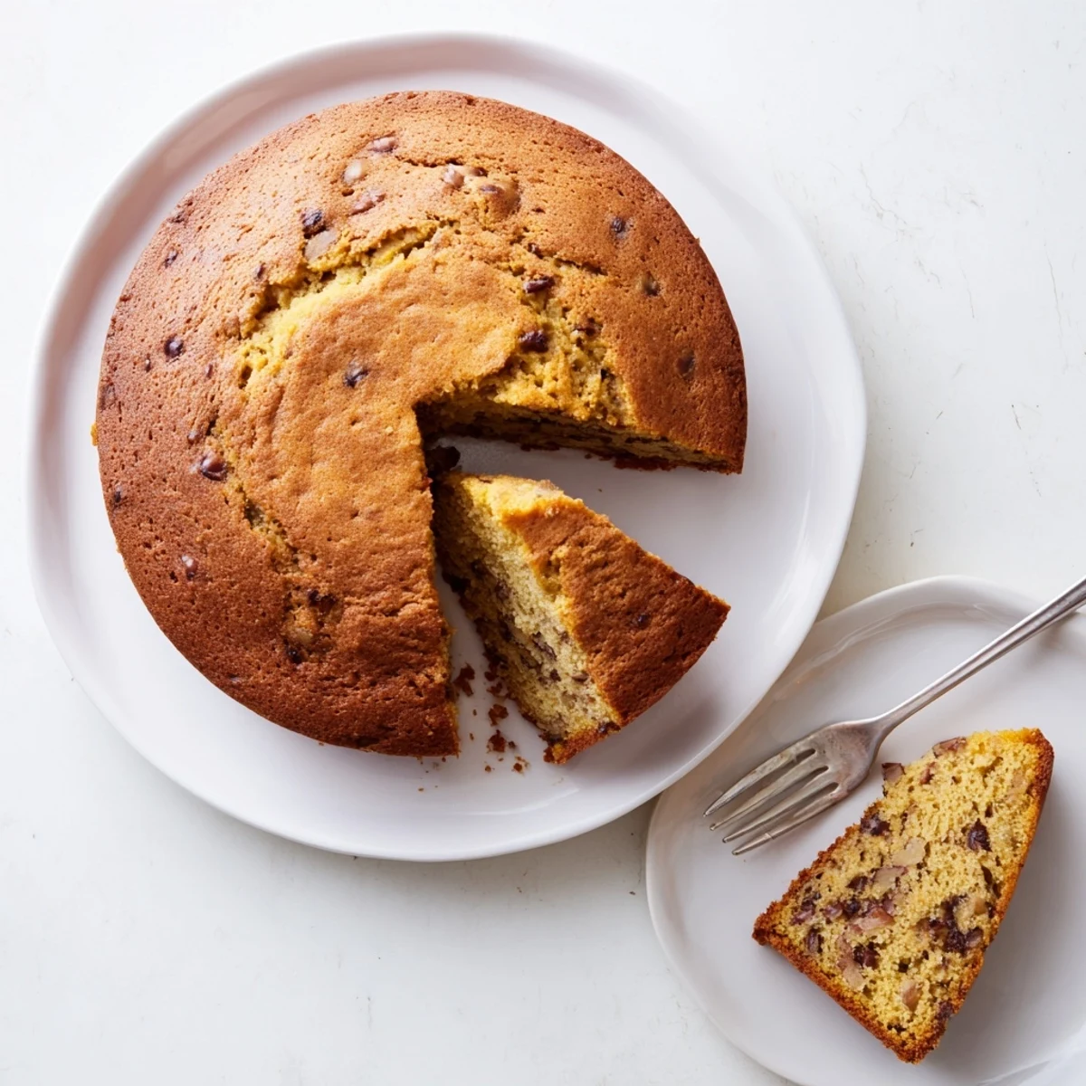 Freshly baked banana cake served on a white plate with scattered walnut pieces