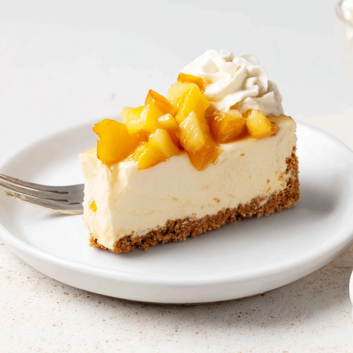 Creamy peaches and cream cheesecake bars with golden graham crust and fresh peach topping