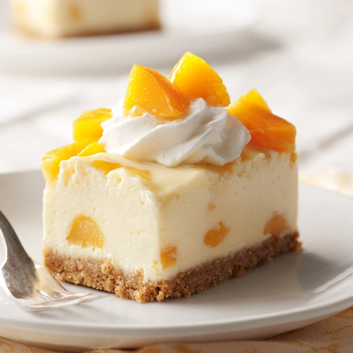 Warm peach slices nestled atop smooth peaches and cream cheesecake bars with whipped cream