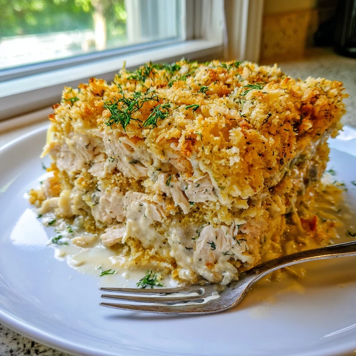 Golden crispy Chicken Kiev Casserole fresh from the oven with herb butter sauce