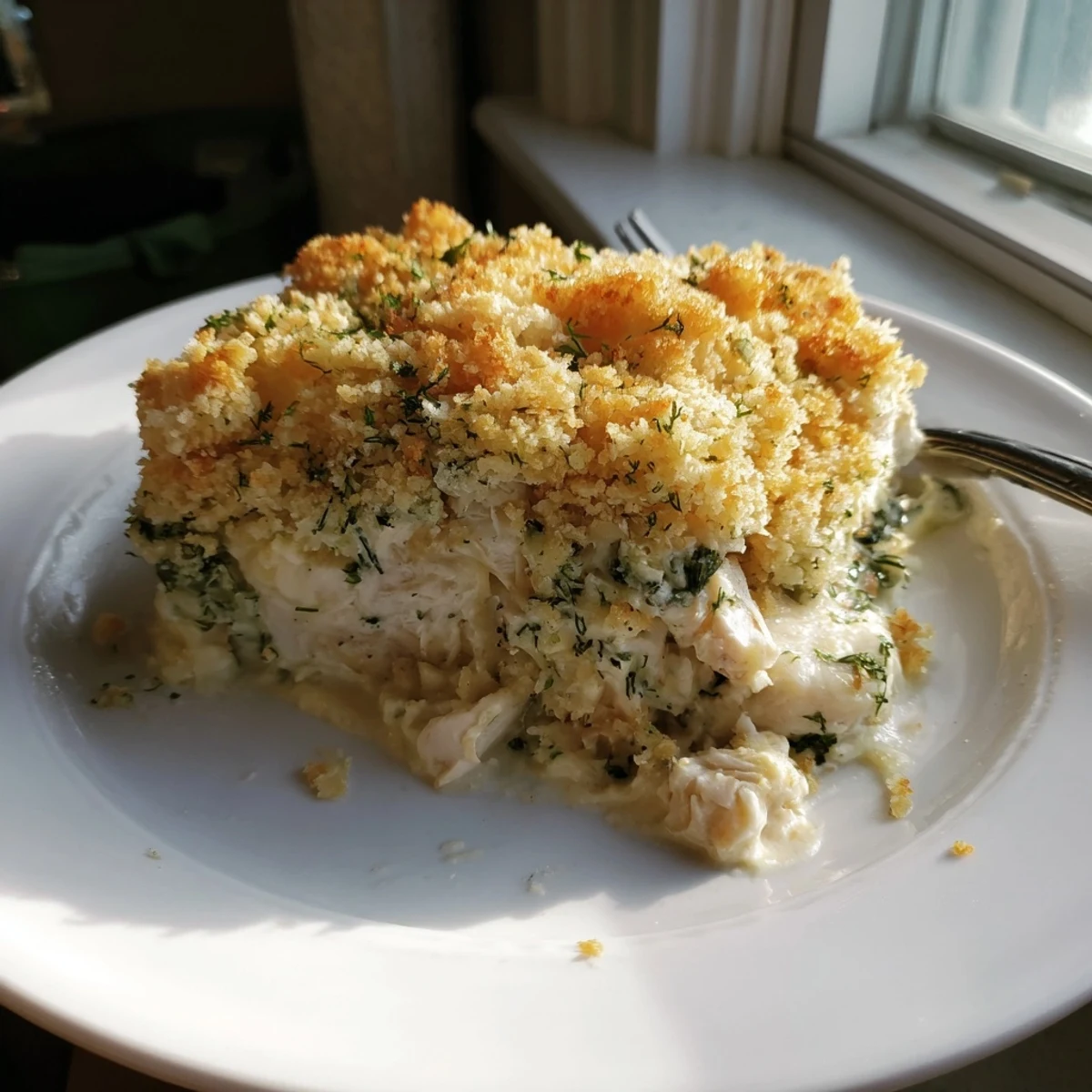 Creamy Chicken Kiev Casserole topped with crunchy panko breadcrumbs in a baking dish