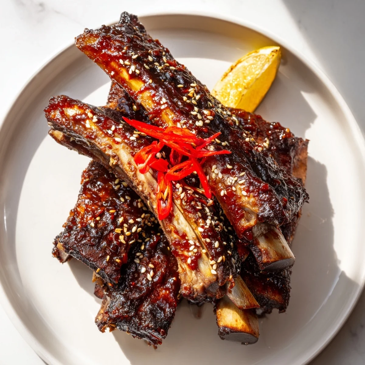 Korean BBQ Lamb Ribs glistening with caramelized glaze and bright yuzu garnish on a rustic platter