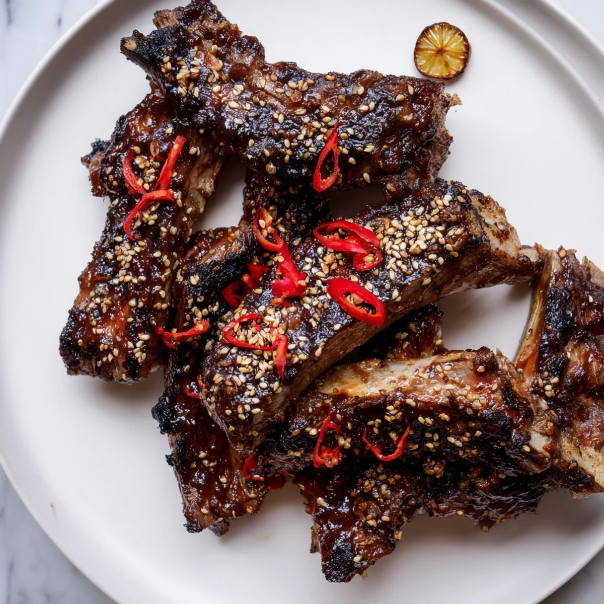 Tender Korean BBQ Lamb Ribs fresh off the grill topped with sesame seeds and sliced spring onions