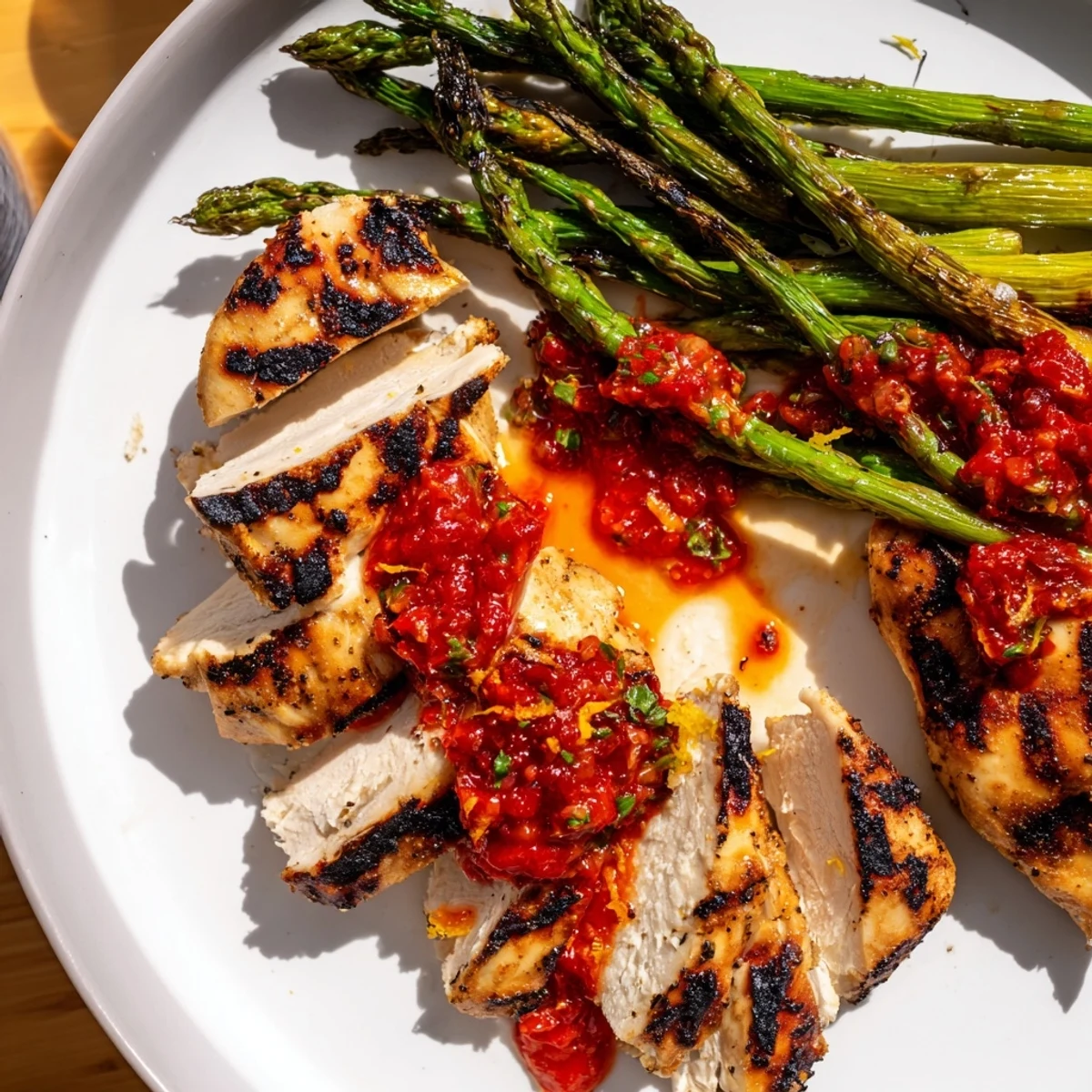 Juicy grilled chicken with charred asparagus drizzled in spicy Calabrian chili sauce on a plate