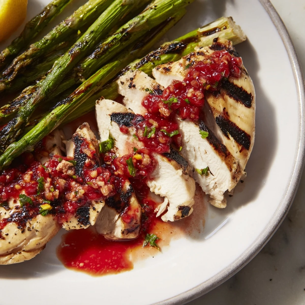 Golden grilled asparagus chicken breast topped with vibrant red Calabrian chili sauce and fresh parsley