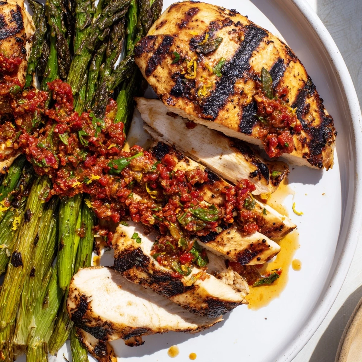 Grilled chicken breasts nestled beside tender asparagus spears glazed with bold Calabrian chili sauce