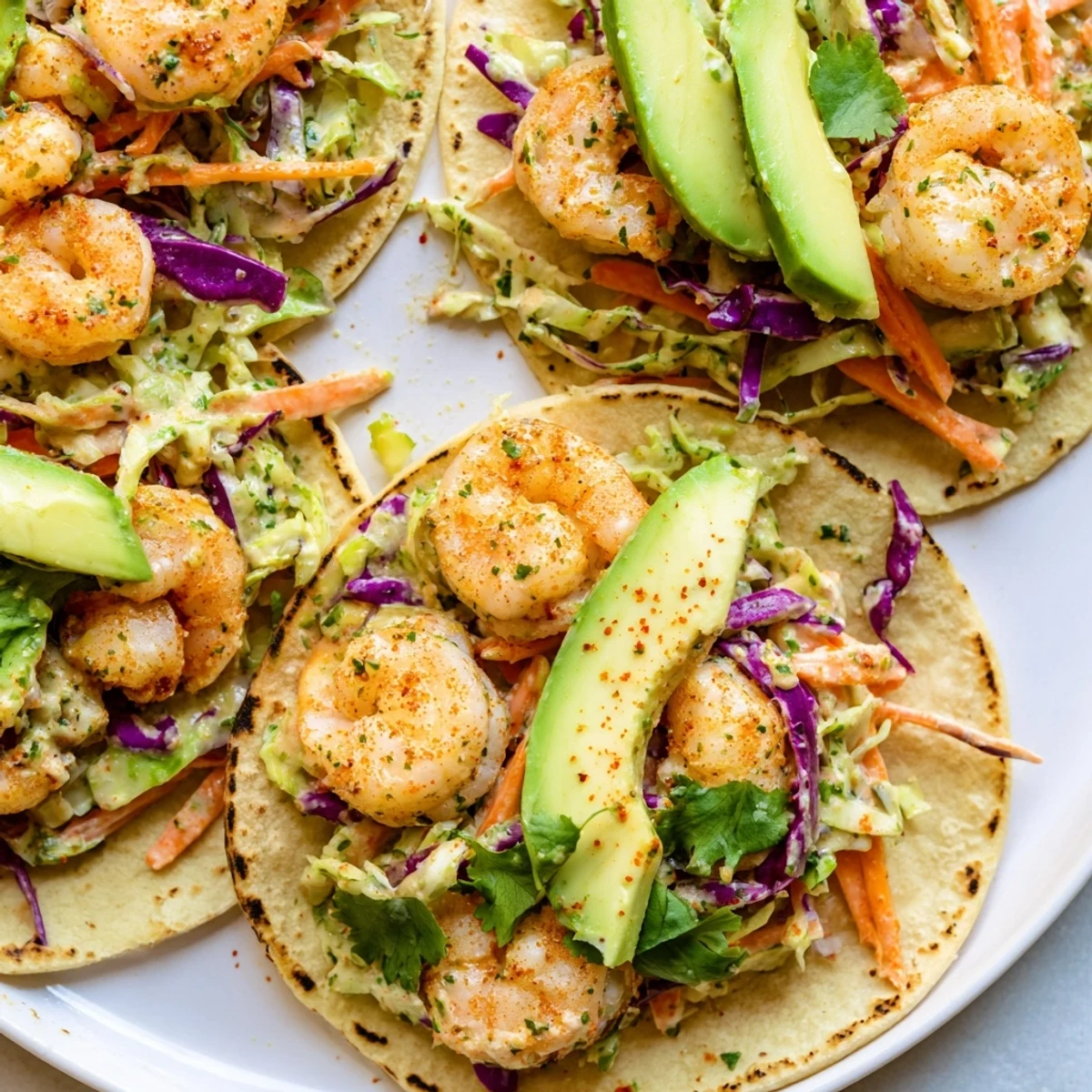 Spicy shrimp tacos topped with creamy garlic cilantro lime slaw on warm tortillas