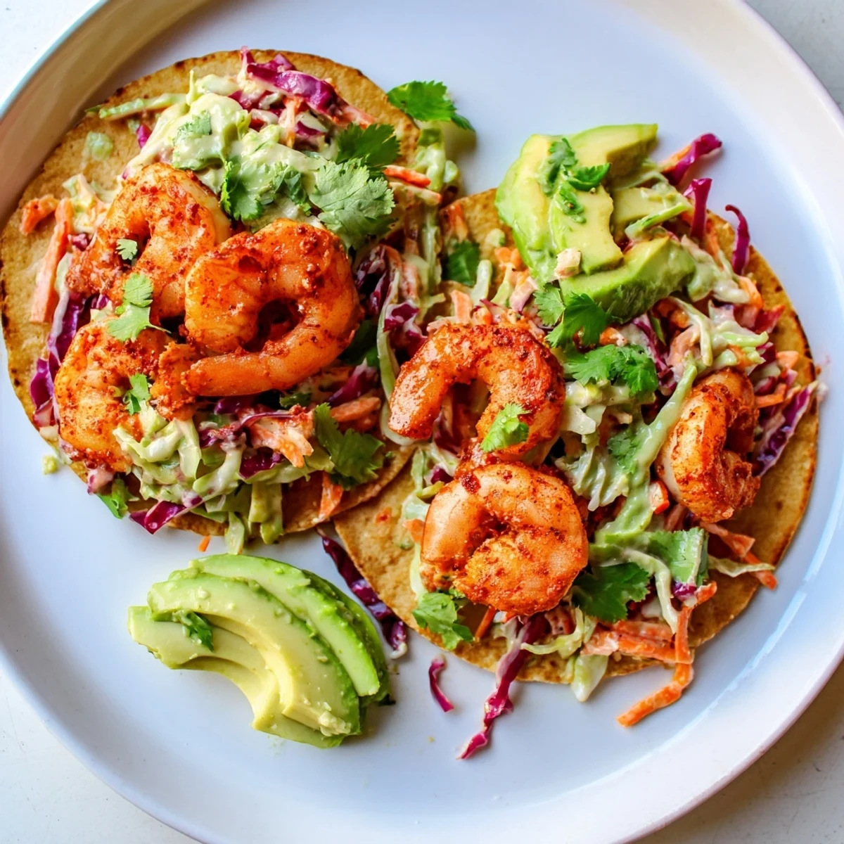 Golden seared spicy shrimp tacos with vibrant cabbage slaw and fresh avocado slices