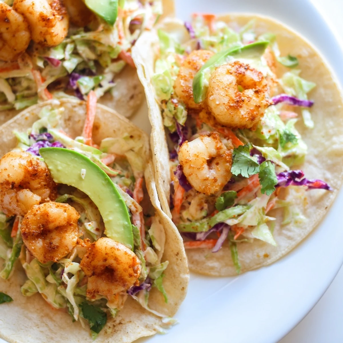 Close-up of spicy shrimp tacos overflowing with tangy garlic cilantro lime slaw