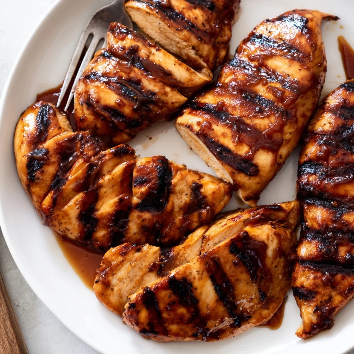 Juicy sliced grilled Coca Cola glazed chicken breast drizzled with sticky sweet reduced sauce