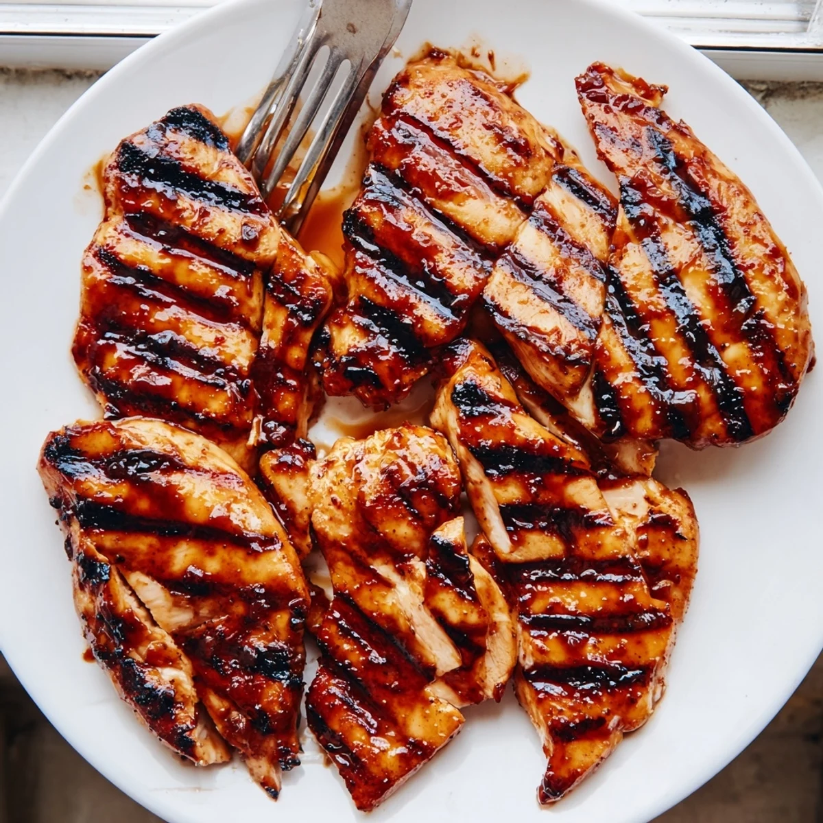 Caramelized grilled Coca Cola glazed chicken breast with glossy charred edges on a rustic plate