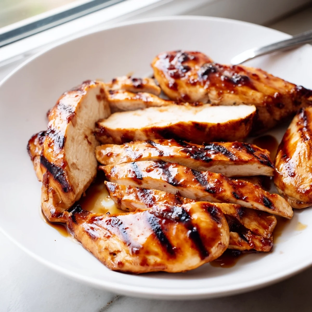 Smoky grilled Coca Cola glazed chicken breast glistening with tangy brown glaze beside fresh corn