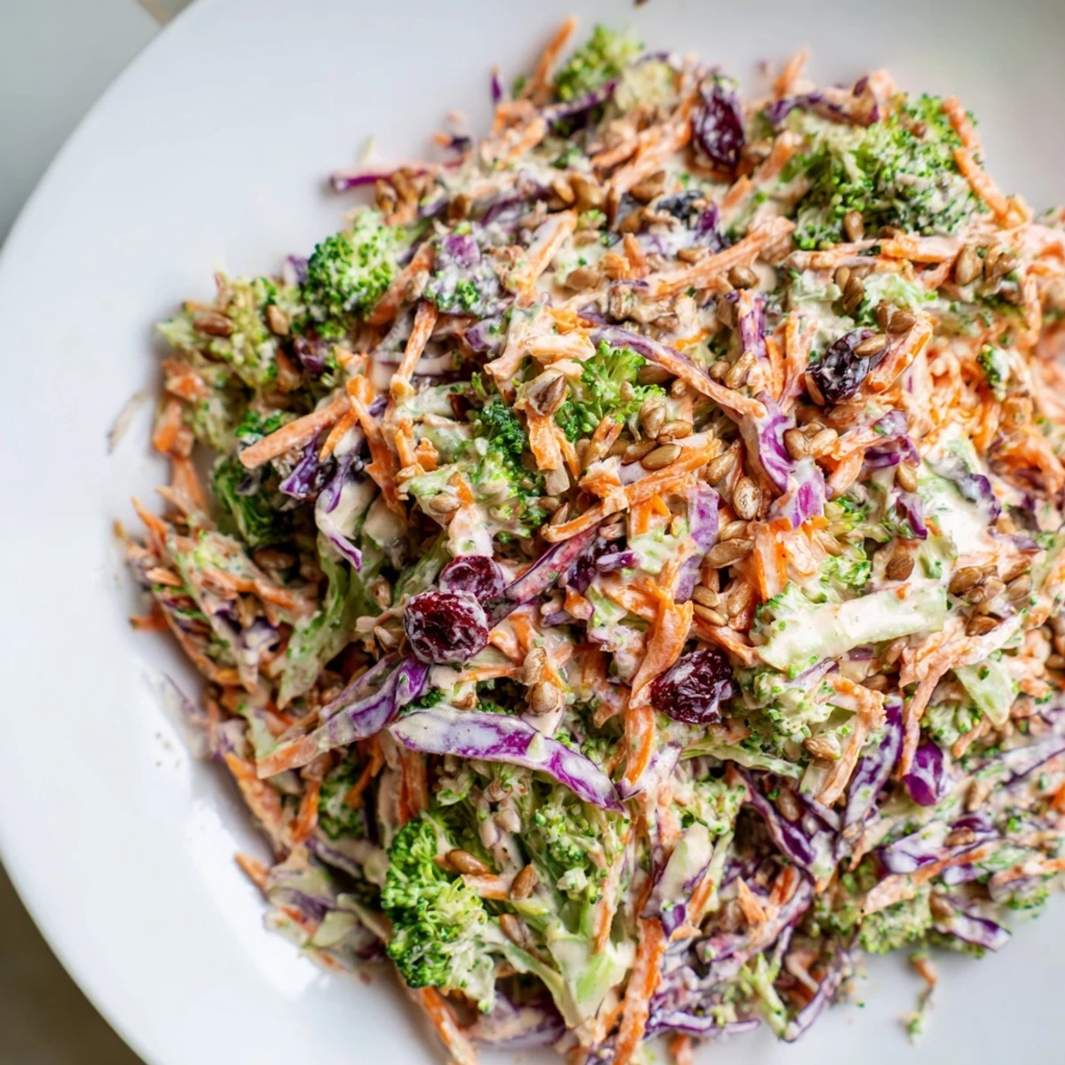 Creamy broccoli slaw with cranberries and sunflower seeds in a white serving bowl