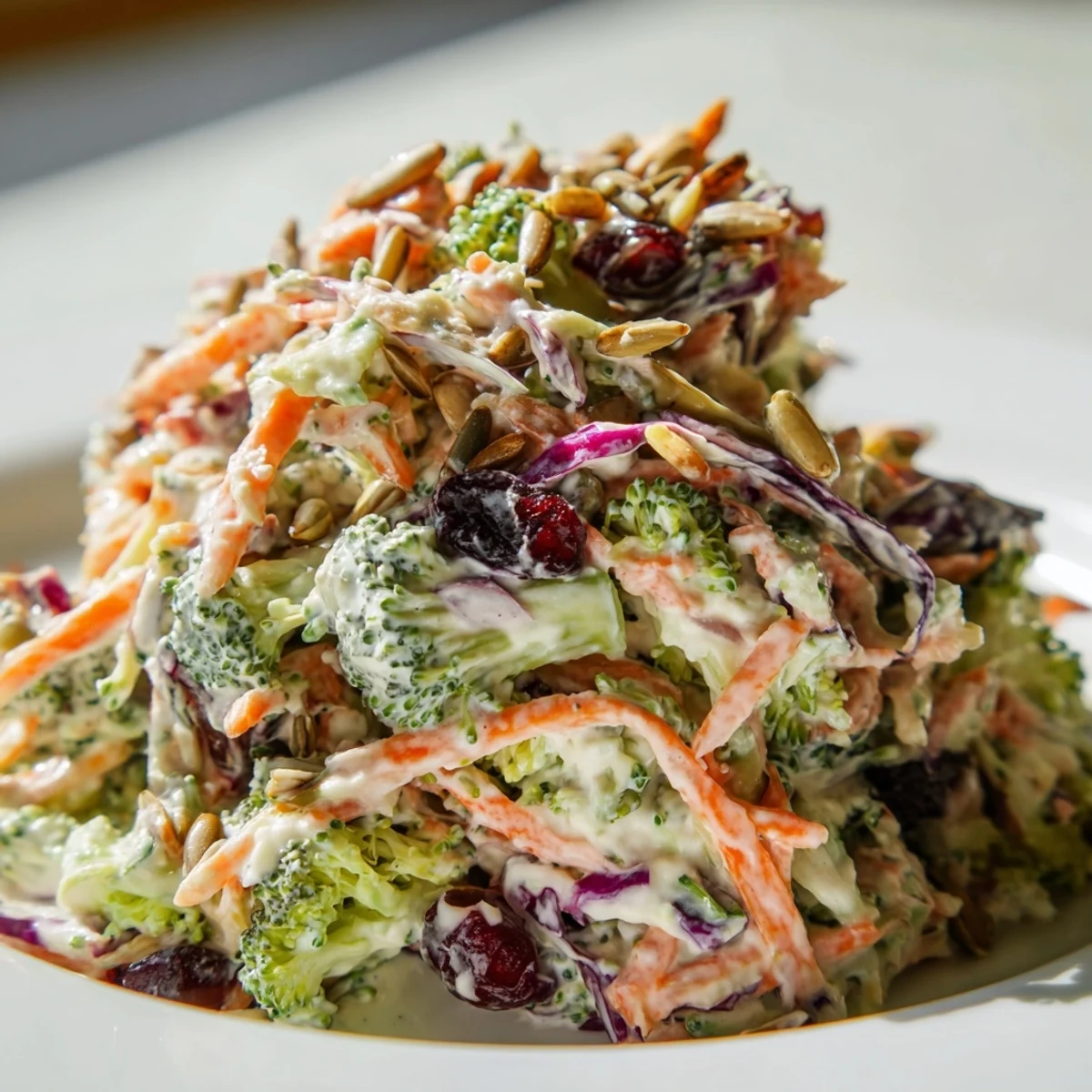 Crunchy broccoli slaw tossed in tangy dressing alongside grilled burgers at a summer barbecue