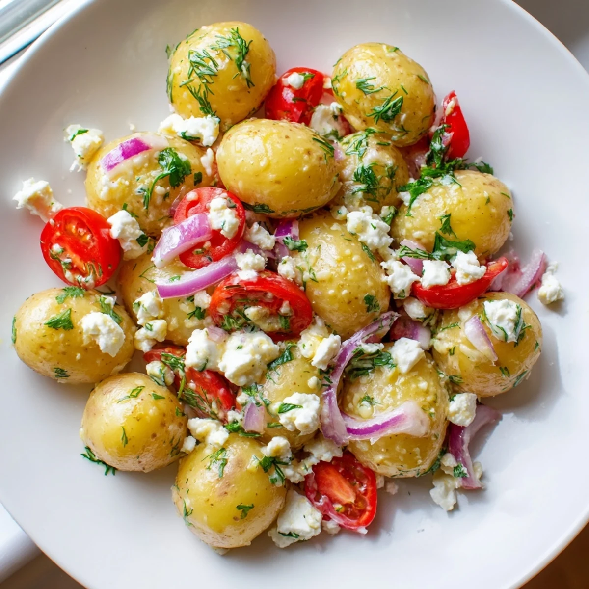 Creamy potato and feta salad with cherry tomatoes, fresh herbs, and tangy dressing