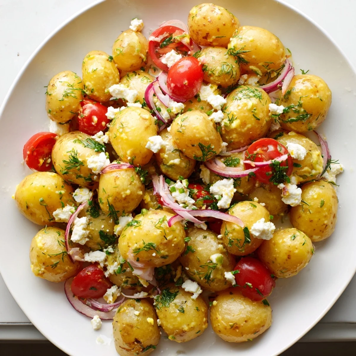 Warm potato and feta salad tossed with dill, lemon, and crumbled feta cheese