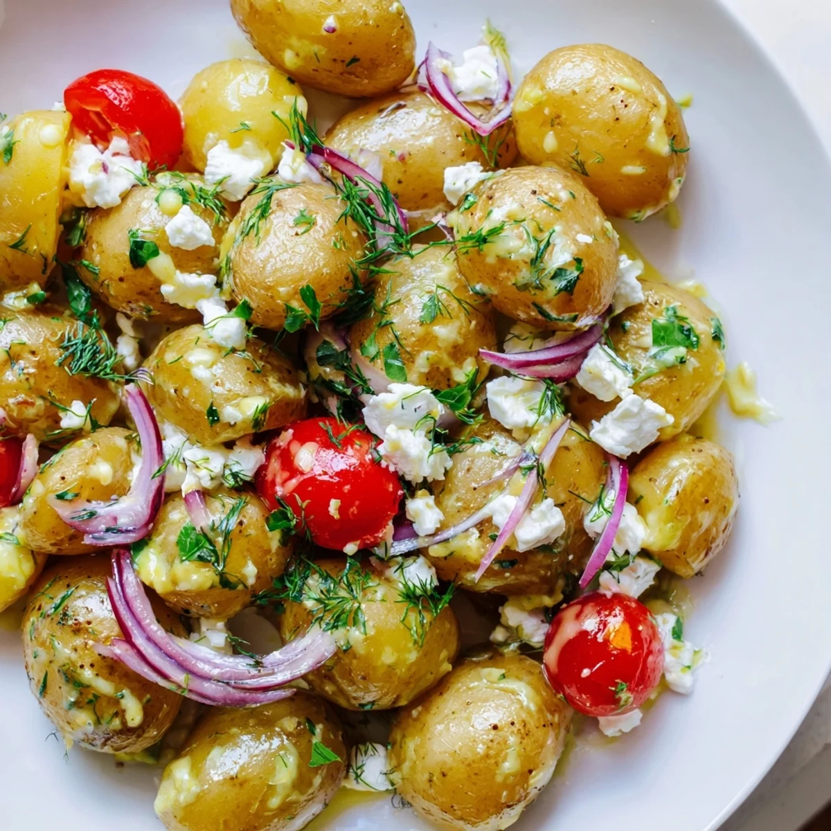 Bright Mediterranean potato and feta salad featuring tender potatoes, red onion, and parsley