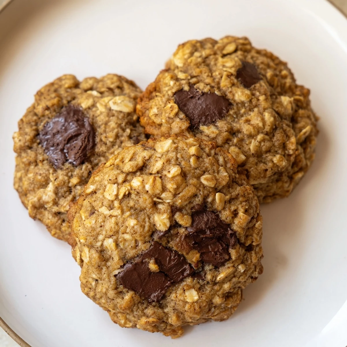 Rustic chewy banana oatmeal cookies arranged on a wire cooling rack beside ripe bananas