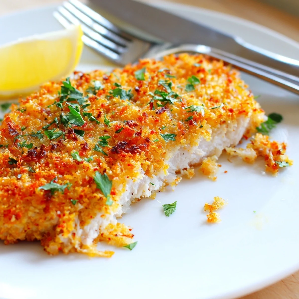 Juicy Paprika Parmesan Chicken garnished with fresh parsley and bright lemon wedges