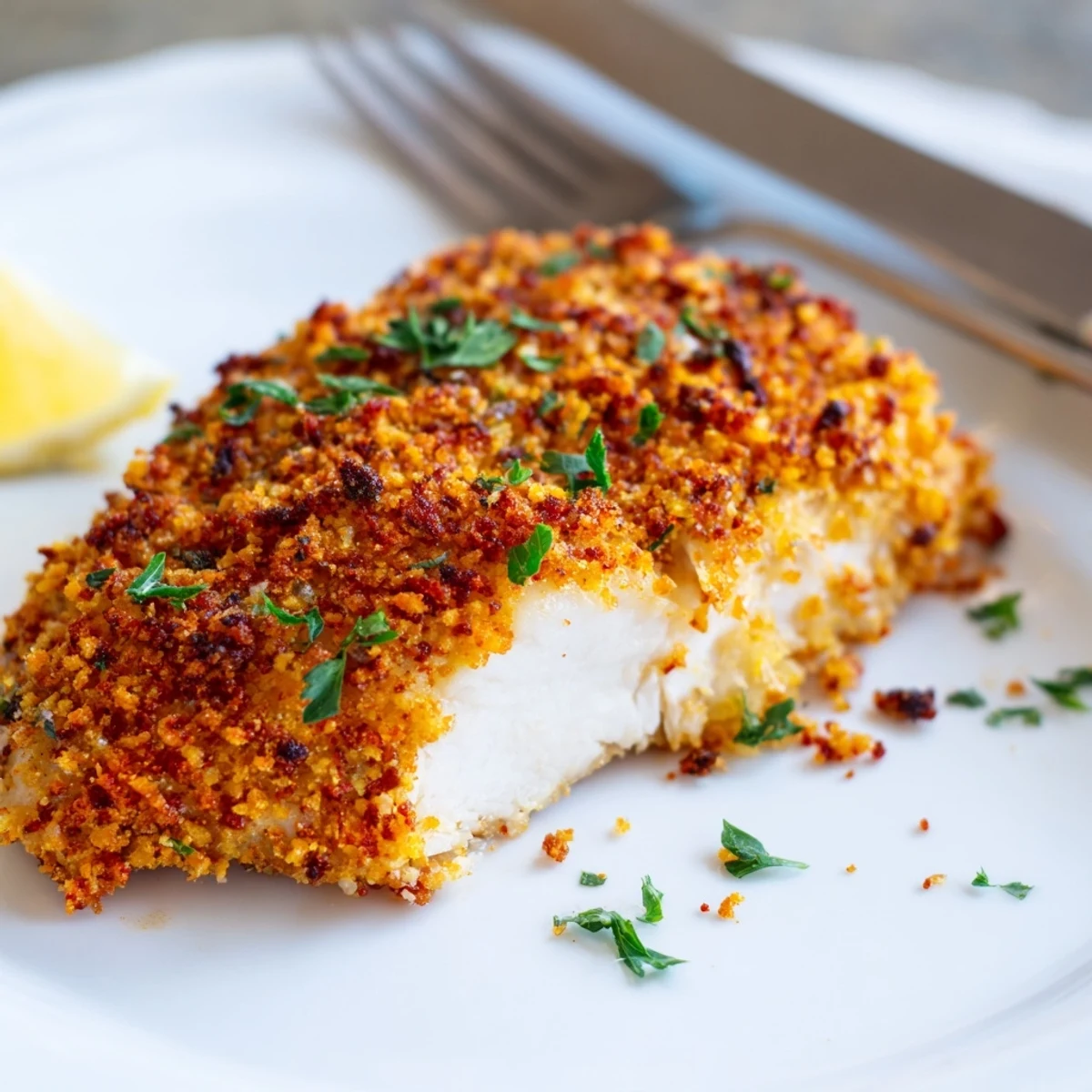 Smoky Paprika Parmesan Chicken sliced open revealing tender meat inside a crunchy coating