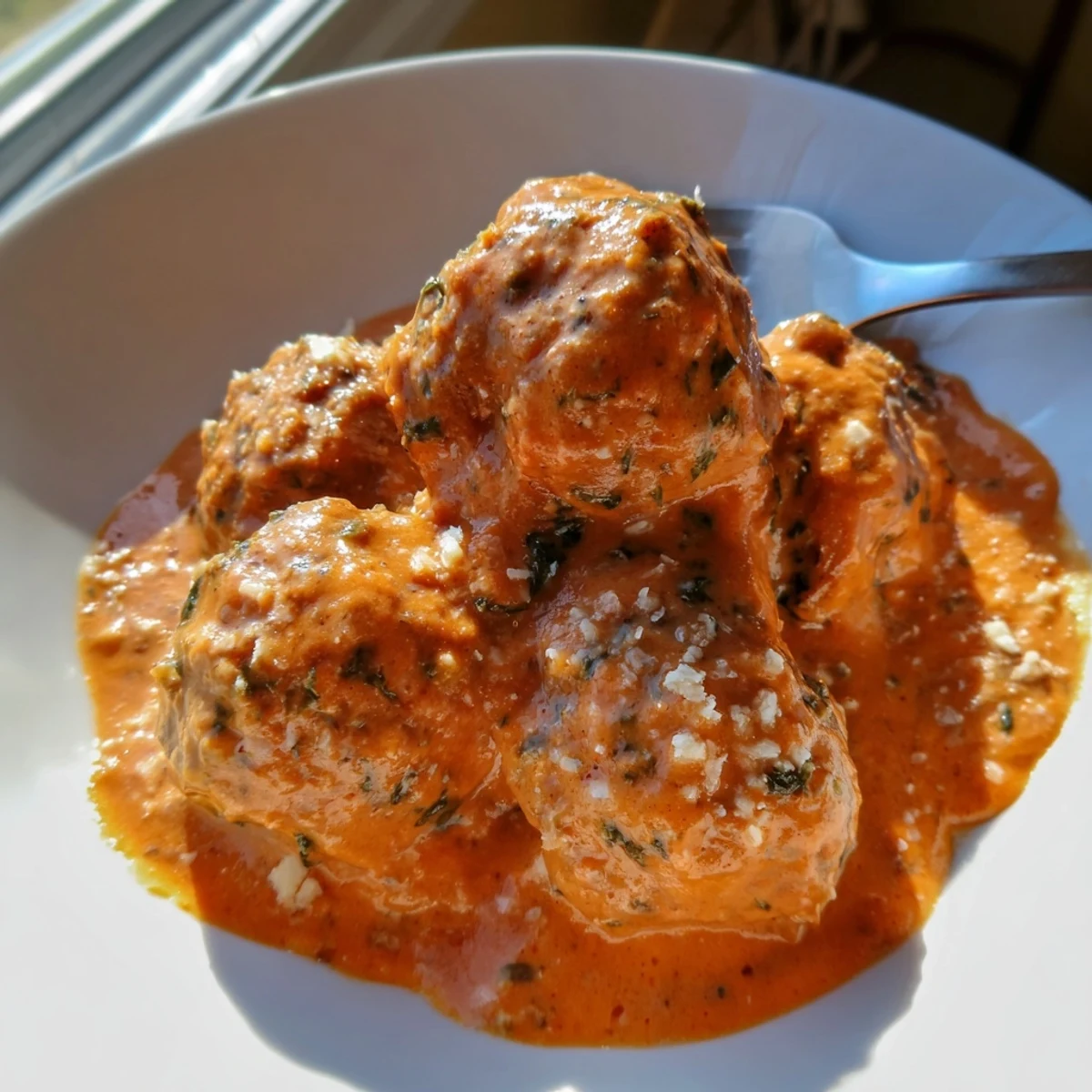 Golden brown creamy tomato basil meatballs nestled in a rich, velvety red sauce